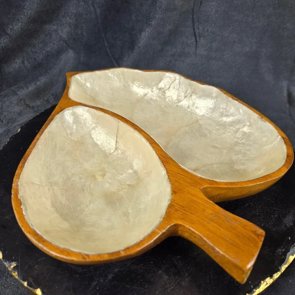 Vintage Two Section Leaf Dish Monkey Pod Wood with White Capiz Shell Inlay